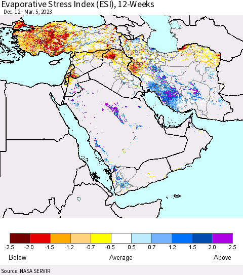 Middle East and Turkey Evaporative Stress Index (ESI), 12-Weeks Thematic Map For 2/27/2023 - 3/5/2023