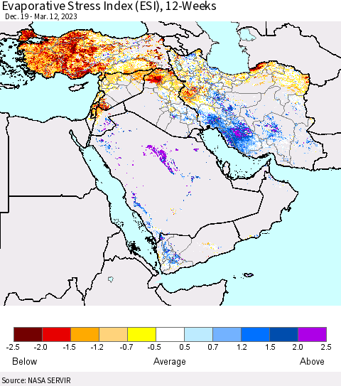 Middle East and Turkey Evaporative Stress Index (ESI), 12-Weeks Thematic Map For 3/6/2023 - 3/12/2023