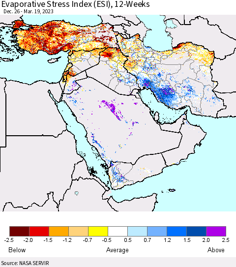Middle East and Turkey Evaporative Stress Index (ESI), 12-Weeks Thematic Map For 3/13/2023 - 3/19/2023
