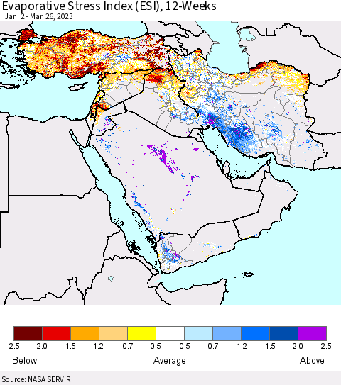 Middle East and Turkey Evaporative Stress Index (ESI), 12-Weeks Thematic Map For 3/20/2023 - 3/26/2023