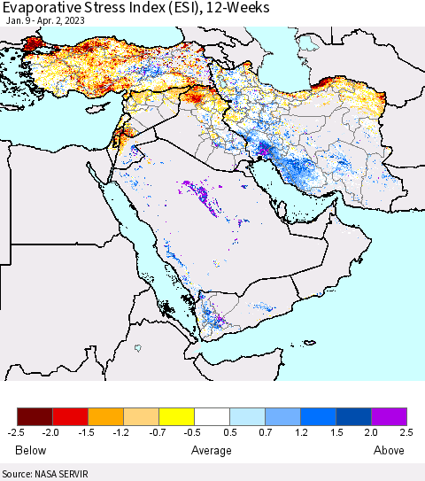 Middle East and Turkey Evaporative Stress Index (ESI), 12-Weeks Thematic Map For 3/27/2023 - 4/2/2023