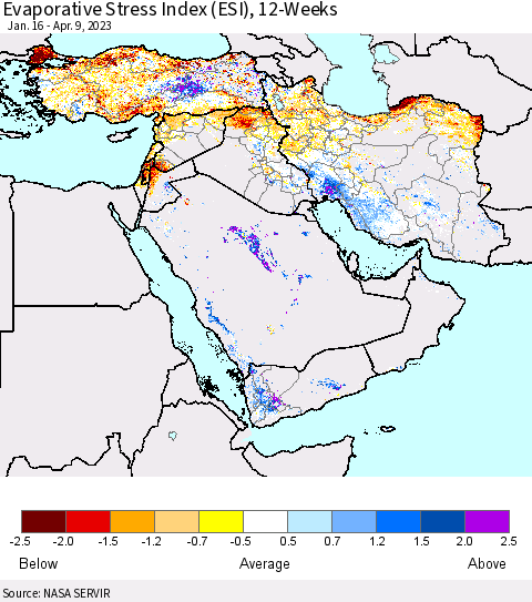 Middle East and Turkey Evaporative Stress Index (ESI), 12-Weeks Thematic Map For 4/3/2023 - 4/9/2023