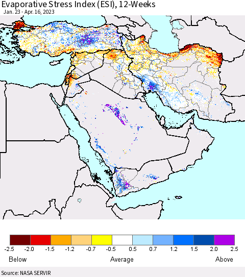 Middle East and Turkey Evaporative Stress Index (ESI), 12-Weeks Thematic Map For 4/10/2023 - 4/16/2023
