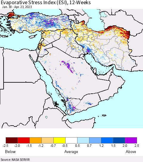 Middle East and Turkey Evaporative Stress Index (ESI), 12-Weeks Thematic Map For 4/17/2023 - 4/23/2023