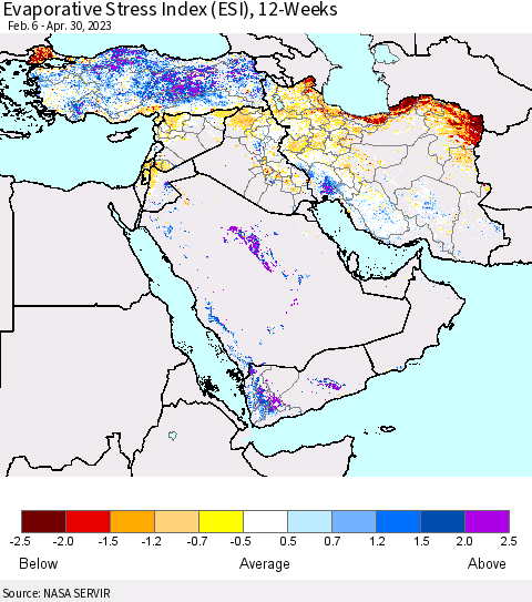 Middle East and Turkey Evaporative Stress Index (ESI), 12-Weeks Thematic Map For 4/24/2023 - 4/30/2023