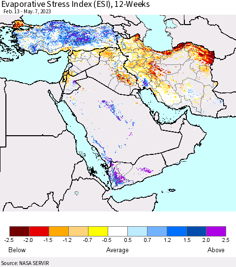 Middle East and Turkey Evaporative Stress Index (ESI), 12-Weeks Thematic Map For 5/1/2023 - 5/7/2023