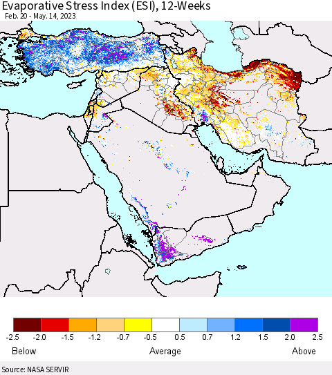 Middle East and Turkey Evaporative Stress Index (ESI), 12-Weeks Thematic Map For 5/8/2023 - 5/14/2023