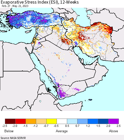 Middle East and Turkey Evaporative Stress Index (ESI), 12-Weeks Thematic Map For 5/15/2023 - 5/21/2023