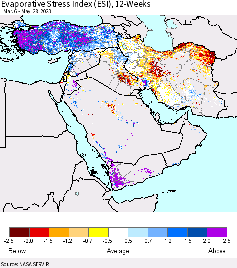 Middle East and Turkey Evaporative Stress Index (ESI), 12-Weeks Thematic Map For 5/22/2023 - 5/28/2023