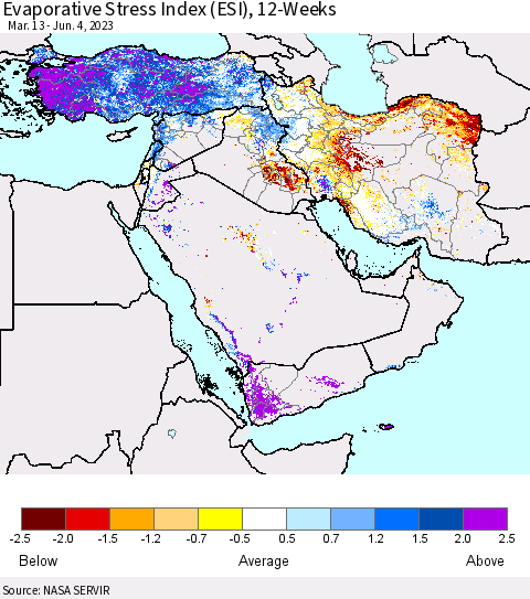 Middle East and Turkey Evaporative Stress Index (ESI), 12-Weeks Thematic Map For 5/29/2023 - 6/4/2023