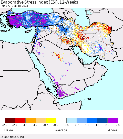 Middle East and Turkey Evaporative Stress Index (ESI), 12-Weeks Thematic Map For 6/12/2023 - 6/18/2023