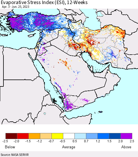 Middle East and Turkey Evaporative Stress Index (ESI), 12-Weeks Thematic Map For 6/19/2023 - 6/25/2023
