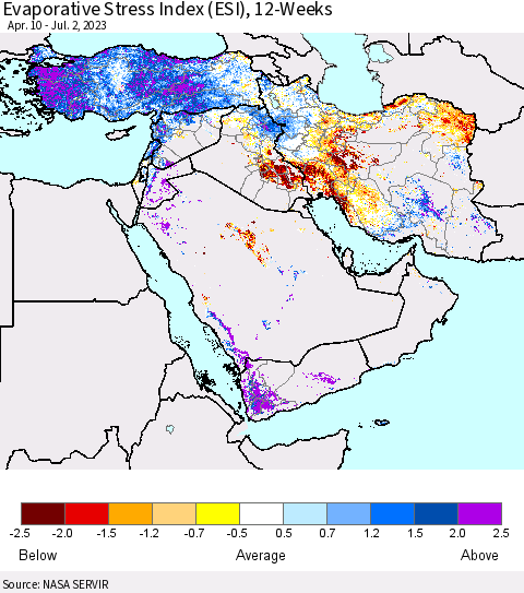 Middle East and Turkey Evaporative Stress Index (ESI), 12-Weeks Thematic Map For 6/26/2023 - 7/2/2023