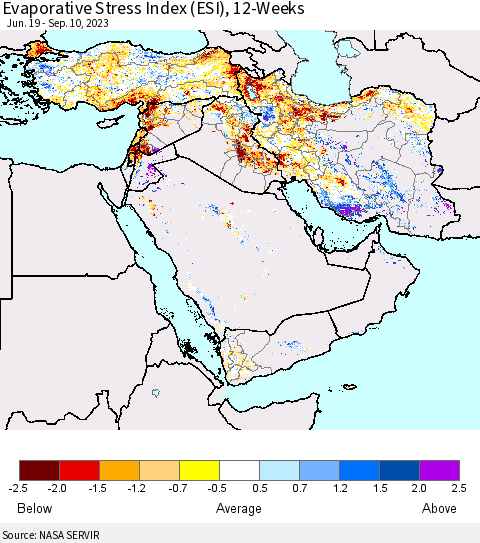 Middle East and Turkey Evaporative Stress Index (ESI), 12-Weeks Thematic Map For 9/4/2023 - 9/10/2023