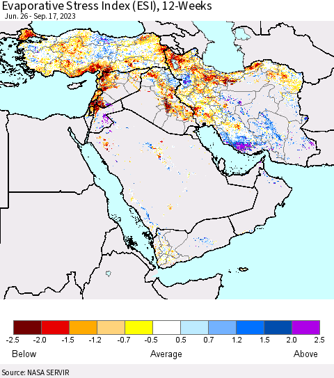 Middle East and Turkey Evaporative Stress Index (ESI), 12-Weeks Thematic Map For 9/11/2023 - 9/17/2023