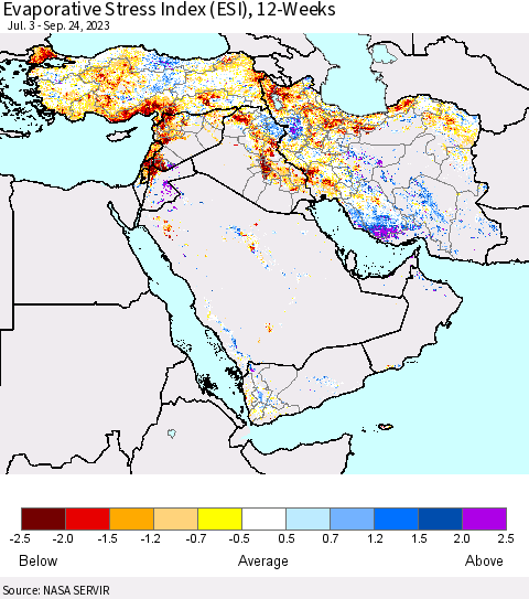Middle East and Turkey Evaporative Stress Index (ESI), 12-Weeks Thematic Map For 9/18/2023 - 9/24/2023