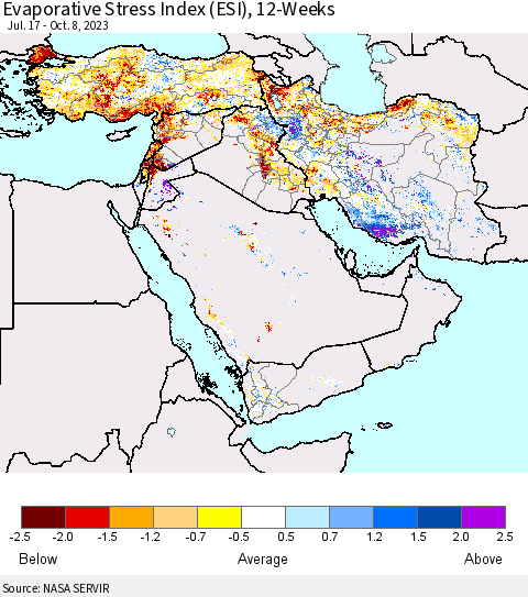 Middle East and Turkey Evaporative Stress Index (ESI), 12-Weeks Thematic Map For 10/2/2023 - 10/8/2023
