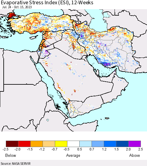 Middle East and Turkey Evaporative Stress Index (ESI), 12-Weeks Thematic Map For 10/9/2023 - 10/15/2023