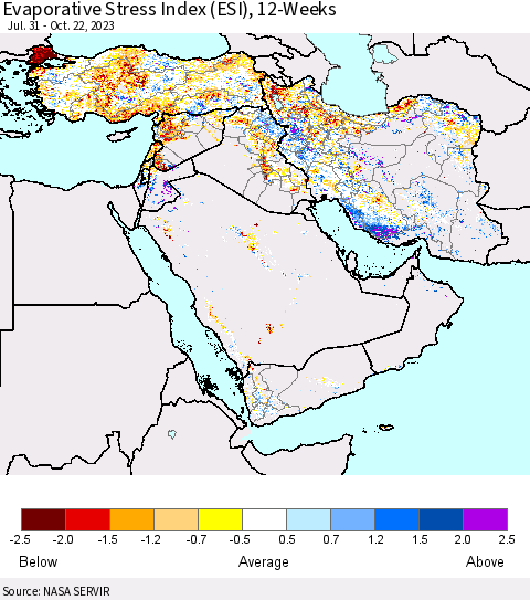 Middle East and Turkey Evaporative Stress Index (ESI), 12-Weeks Thematic Map For 10/16/2023 - 10/22/2023