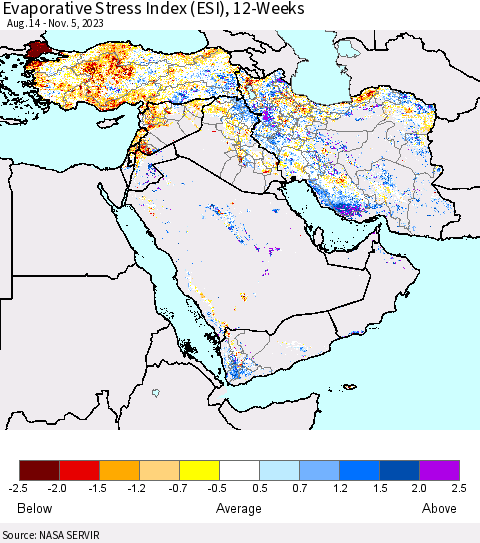 Middle East and Turkey Evaporative Stress Index (ESI), 12-Weeks Thematic Map For 10/30/2023 - 11/5/2023