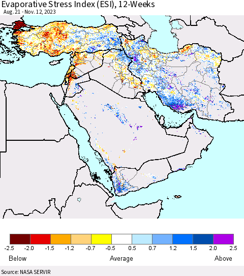Middle East and Turkey Evaporative Stress Index (ESI), 12-Weeks Thematic Map For 11/6/2023 - 11/12/2023