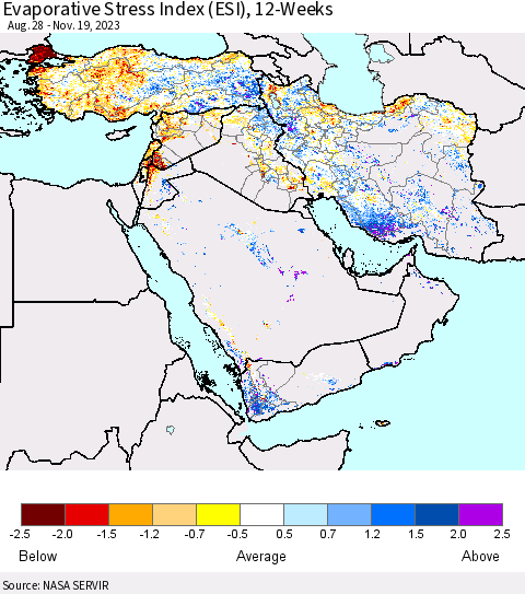 Middle East and Turkey Evaporative Stress Index (ESI), 12-Weeks Thematic Map For 11/13/2023 - 11/19/2023