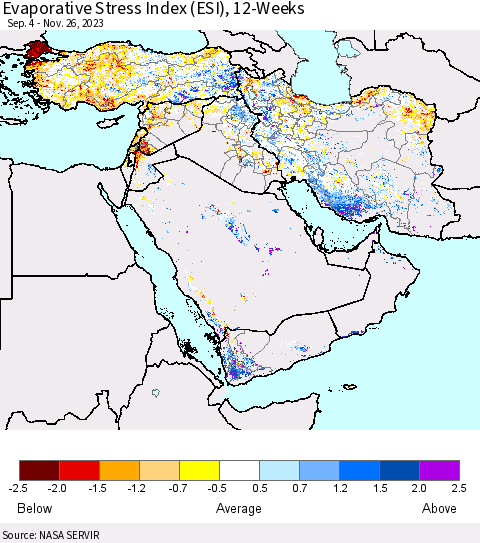 Middle East and Turkey Evaporative Stress Index (ESI), 12-Weeks Thematic Map For 11/20/2023 - 11/26/2023