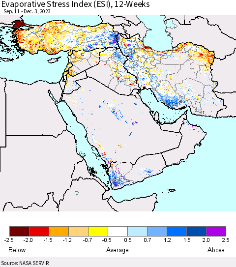 Middle East and Turkey Evaporative Stress Index (ESI), 12-Weeks Thematic Map For 11/27/2023 - 12/3/2023