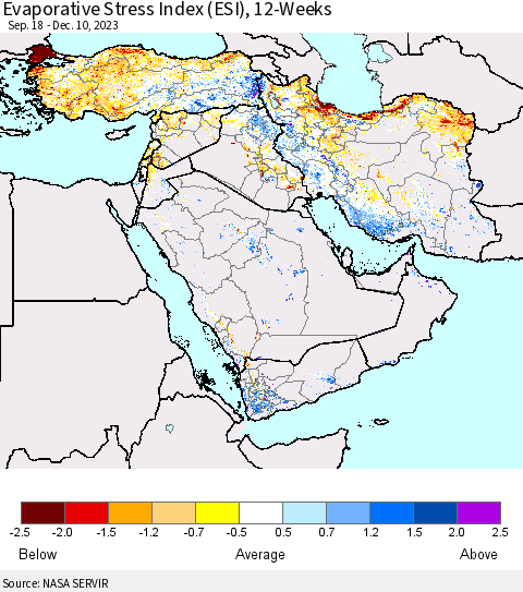 Middle East and Turkey Evaporative Stress Index (ESI), 12-Weeks Thematic Map For 12/4/2023 - 12/10/2023