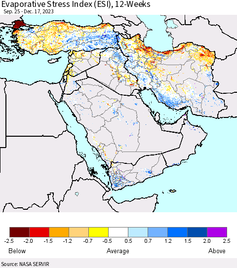 Middle East and Turkey Evaporative Stress Index (ESI), 12-Weeks Thematic Map For 12/11/2023 - 12/17/2023