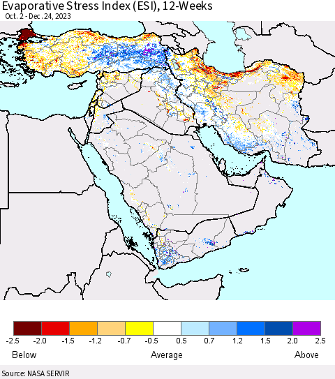 Middle East and Turkey Evaporative Stress Index (ESI), 12-Weeks Thematic Map For 12/18/2023 - 12/24/2023