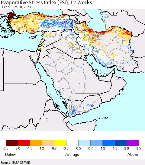 Middle East and Turkey Evaporative Stress Index (ESI), 12-Weeks Thematic Map For 12/25/2023 - 12/31/2023