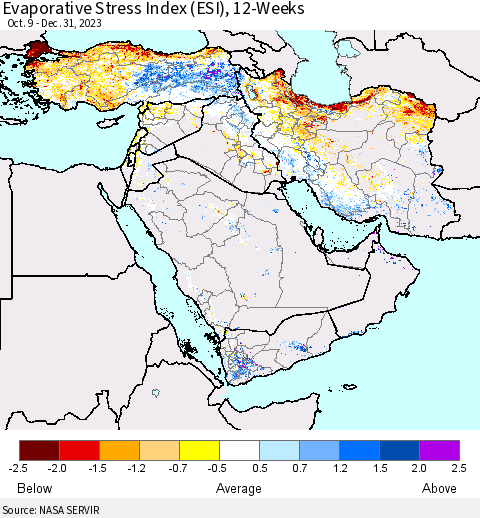 Middle East and Turkey Evaporative Stress Index (ESI), 12-Weeks Thematic Map For 1/1/2024 - 1/7/2024