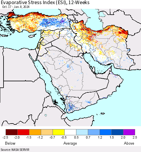 Middle East and Turkey Evaporative Stress Index (ESI), 12-Weeks Thematic Map For 1/8/2024 - 1/14/2024
