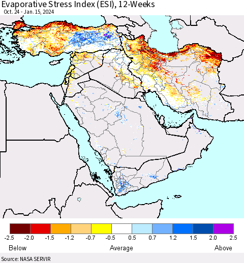 Middle East and Turkey Evaporative Stress Index (ESI), 12-Weeks Thematic Map For 1/15/2024 - 1/21/2024