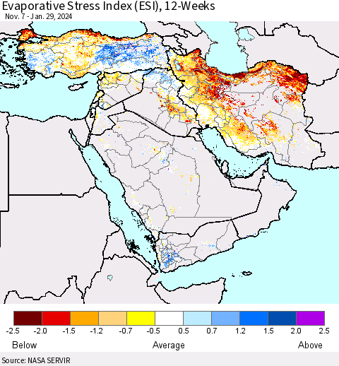 Middle East and Turkey Evaporative Stress Index (ESI), 12-Weeks Thematic Map For 1/29/2024 - 2/4/2024