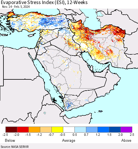 Middle East and Turkey Evaporative Stress Index (ESI), 12-Weeks Thematic Map For 2/5/2024 - 2/11/2024