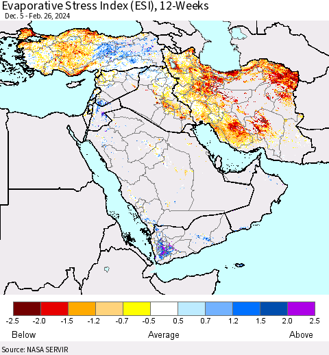 Middle East and Turkey Evaporative Stress Index (ESI), 12-Weeks Thematic Map For 2/26/2024 - 3/3/2024