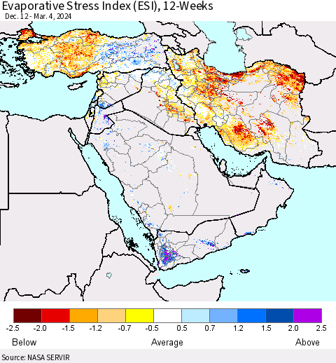 Middle East and Turkey Evaporative Stress Index (ESI), 12-Weeks Thematic Map For 3/4/2024 - 3/10/2024