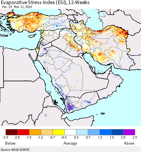 Middle East and Turkey Evaporative Stress Index (ESI), 12-Weeks Thematic Map For 3/11/2024 - 3/17/2024