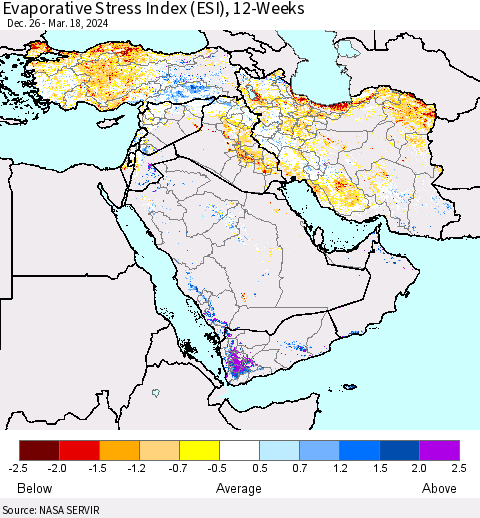 Middle East and Turkey Evaporative Stress Index (ESI), 12-Weeks Thematic Map For 3/18/2024 - 3/24/2024