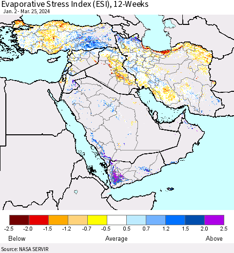 Middle East and Turkey Evaporative Stress Index (ESI), 12-Weeks Thematic Map For 3/25/2024 - 3/31/2024