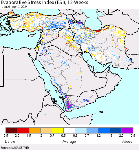 Middle East and Turkey Evaporative Stress Index (ESI), 12-Weeks Thematic Map For 4/1/2024 - 4/7/2024
