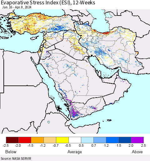Middle East and Turkey Evaporative Stress Index (ESI), 12-Weeks Thematic Map For 4/8/2024 - 4/14/2024