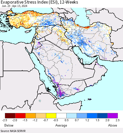 Middle East and Turkey Evaporative Stress Index (ESI), 12-Weeks Thematic Map For 4/15/2024 - 4/21/2024