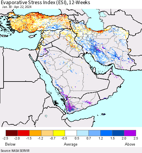 Middle East and Turkey Evaporative Stress Index (ESI), 12-Weeks Thematic Map For 4/22/2024 - 4/28/2024