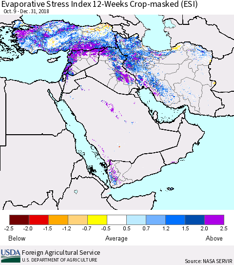 Middle East and Turkey Evaporative Stress Index (ESI), 12-Weeks over Croplands Thematic Map For 12/31/2018 - 1/6/2019