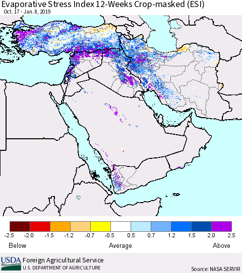 Middle East and Turkey Evaporative Stress Index (ESI), 12-Weeks over Croplands Thematic Map For 1/7/2019 - 1/13/2019