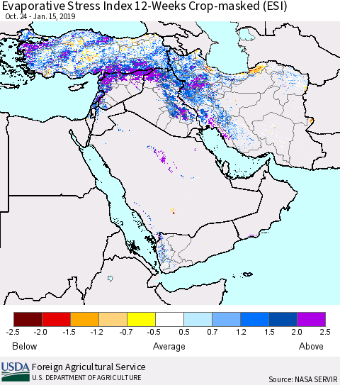 Middle East and Turkey Evaporative Stress Index (ESI), 12-Weeks over Croplands Thematic Map For 1/14/2019 - 1/20/2019