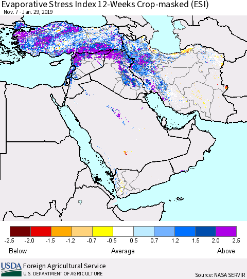 Middle East and Turkey Evaporative Stress Index (ESI), 12-Weeks over Croplands Thematic Map For 1/28/2019 - 2/3/2019